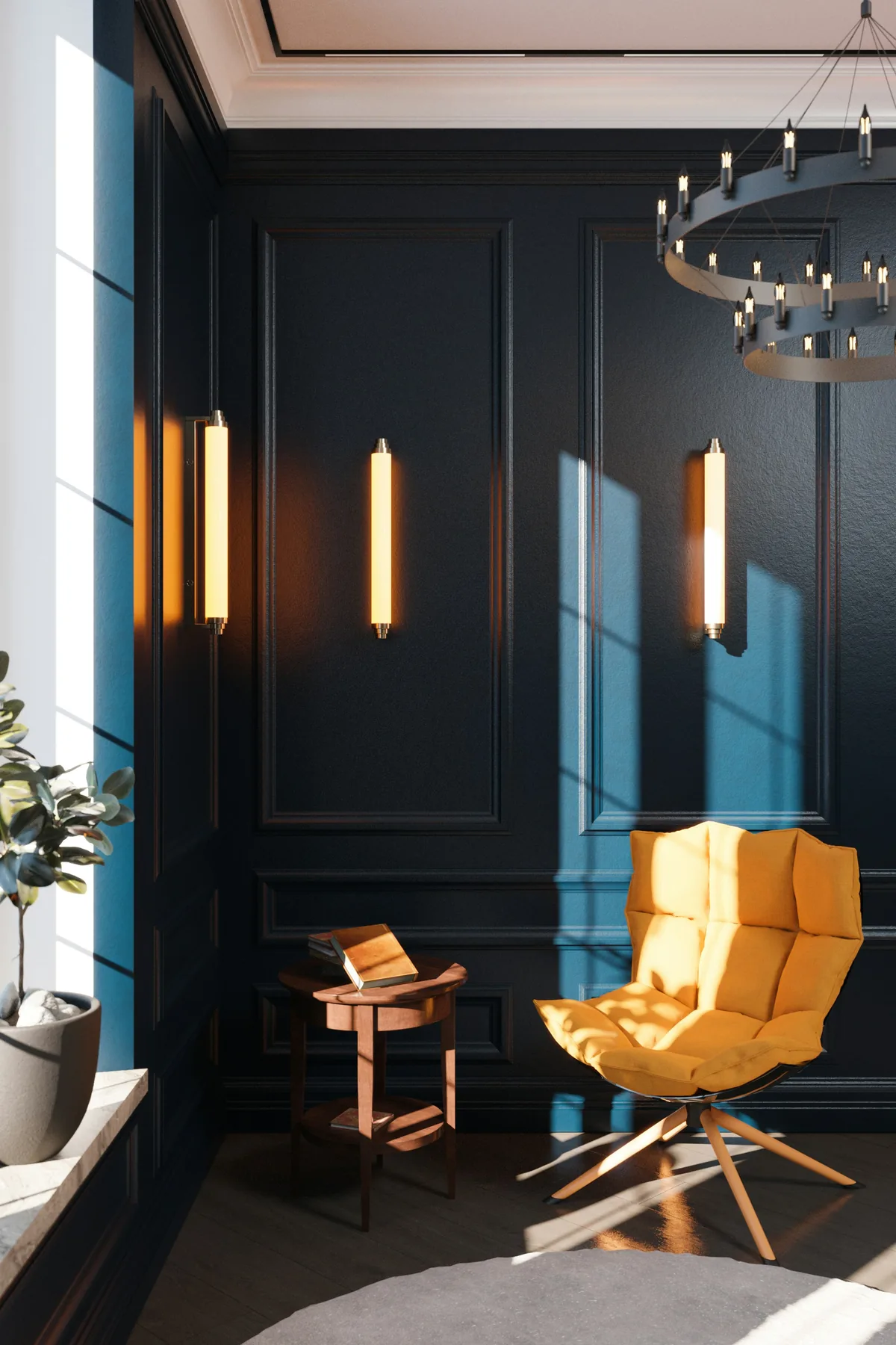 Salon bleu nuit éclairé par des appliques verticales et un lustre circulaire